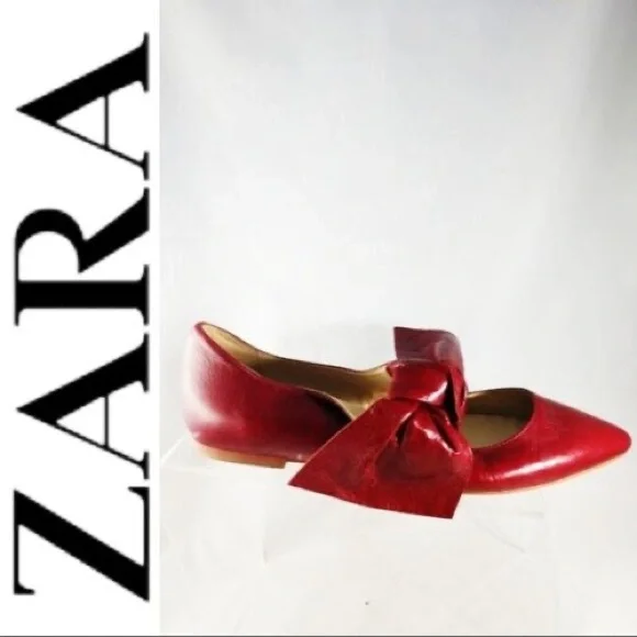 Zara Red Leather Bow Flats - Picture 5 of 8